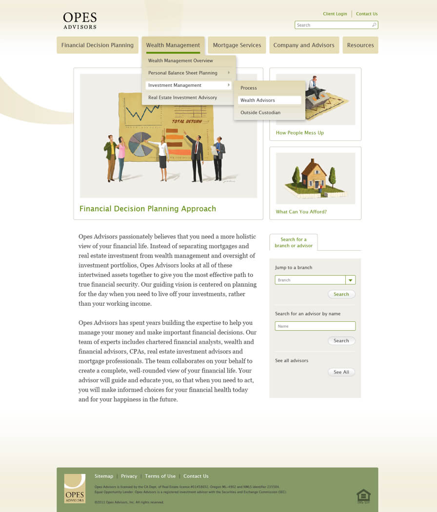 Opes Advisors website with dropdown menus and 3 illustrations