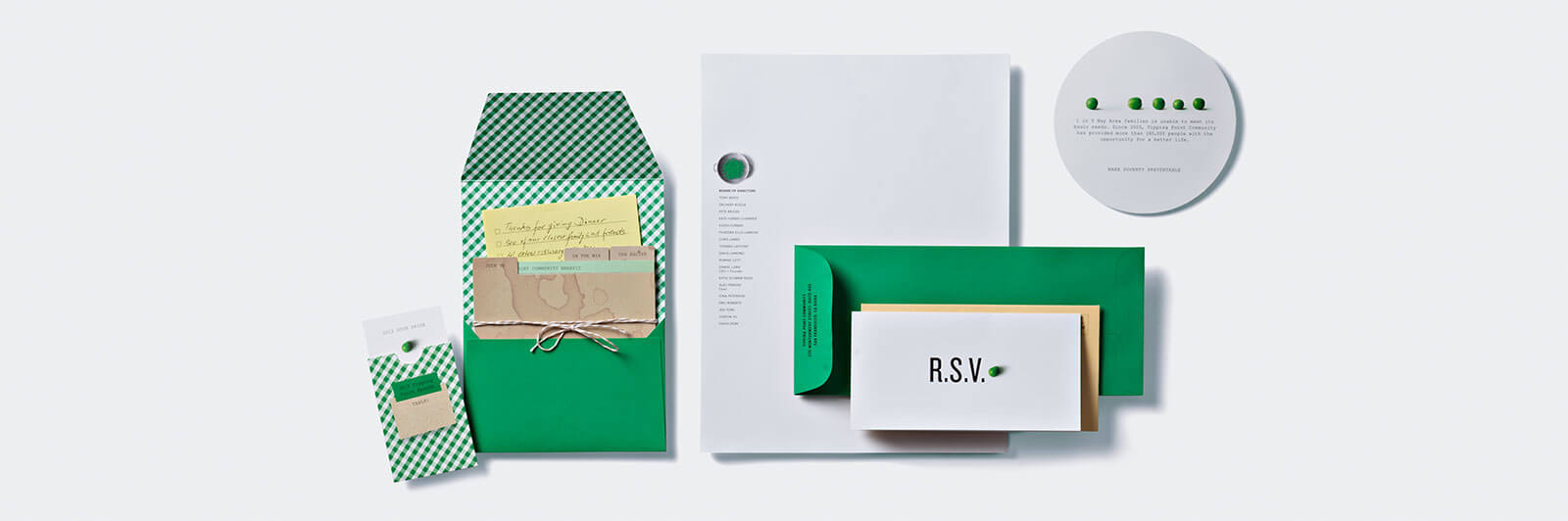 Green and white gingham and peas themed invitation and print collateral