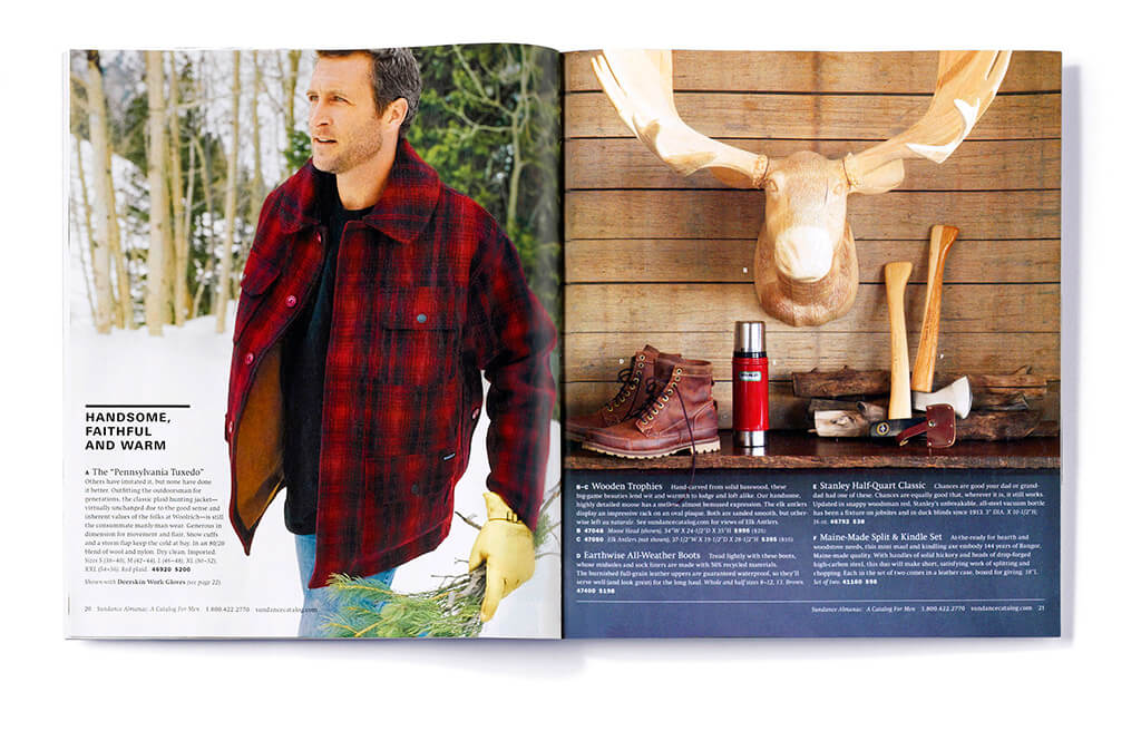 Open catalog spread showing a wooden animal head and a man in a red plaid coat