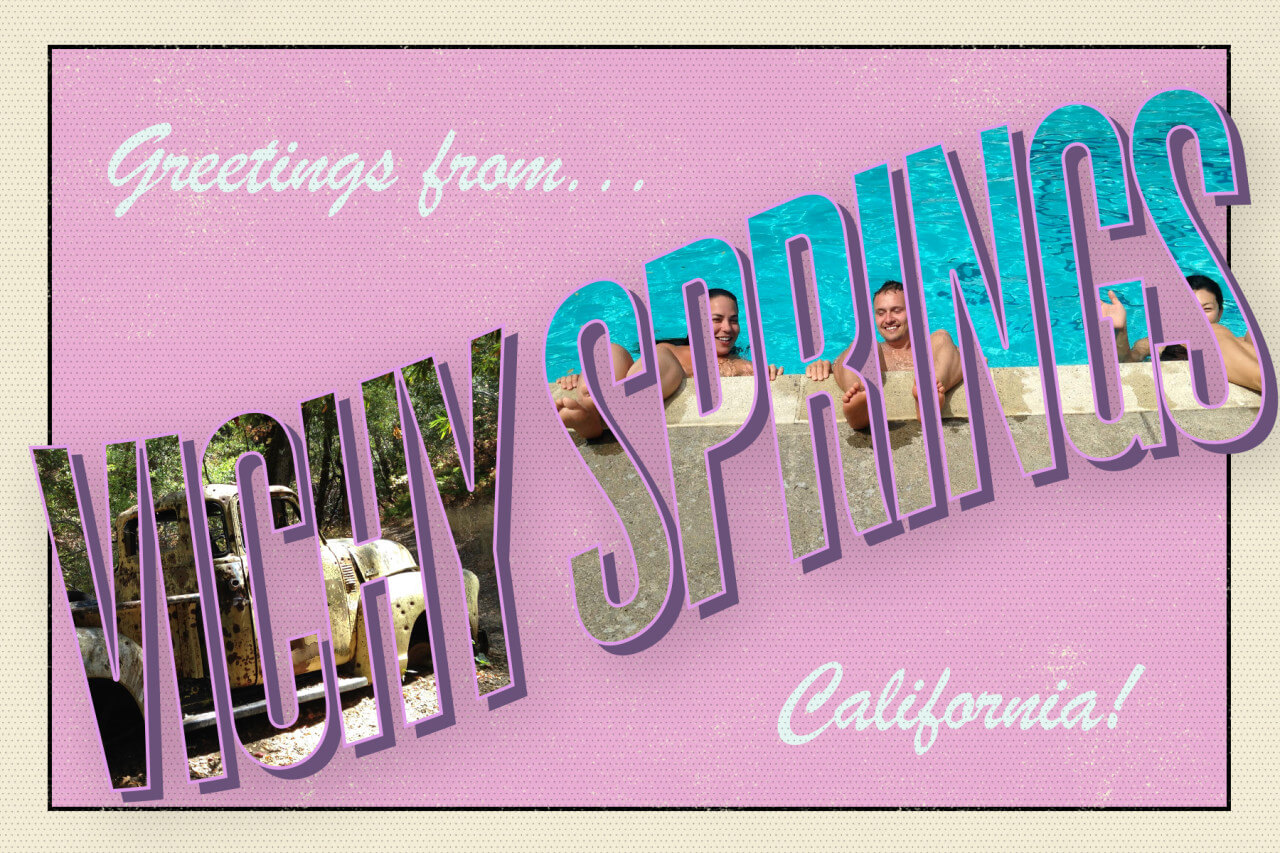 Greetings from Vichy Springs California pink postcard