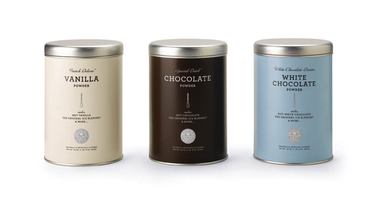 3 tins: Off-white Vanilla, brown Chocolate, light blue White Chocolate