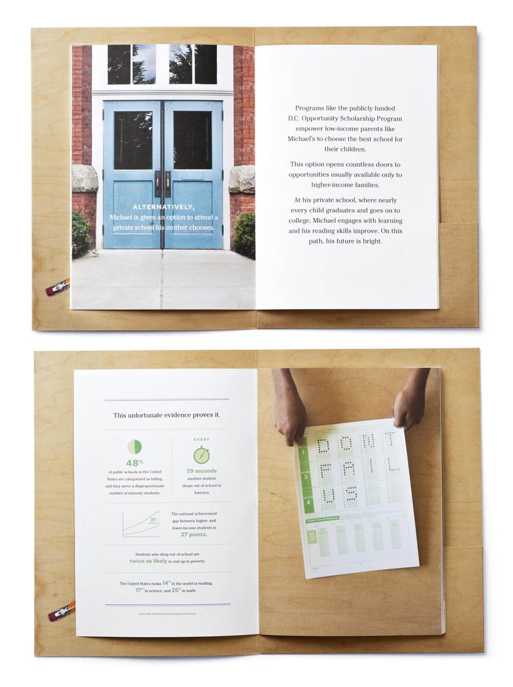 2 open spreads of booklet showing blue doors, infographics, and scantron sheet