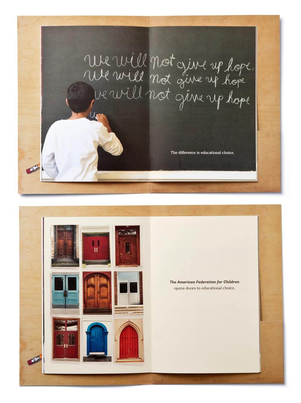 2 open spreads of booklet showing child at blackboard and various doors