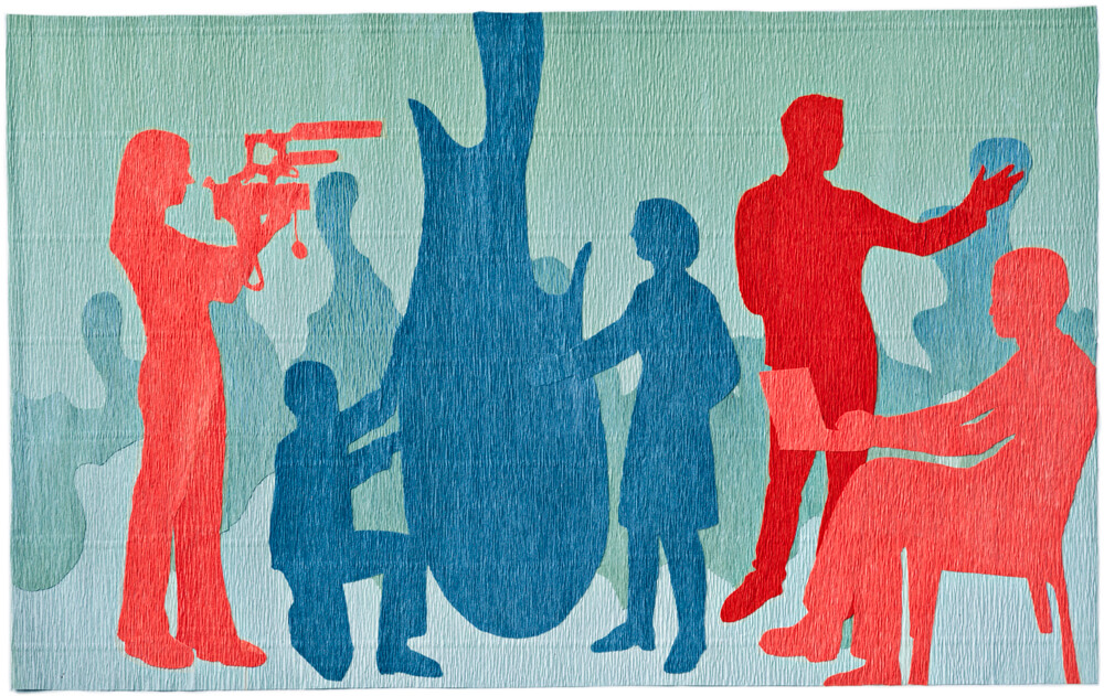 Silhouettes of people made out of red, blue, and green crepe paper