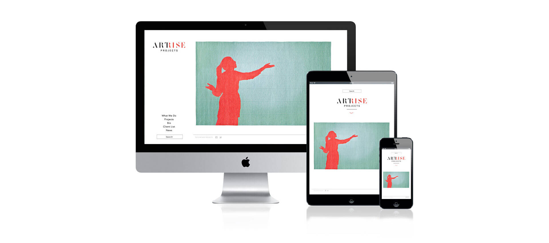 Artrise homepage with red figure silhouette shown on desktop, tablet, and phone