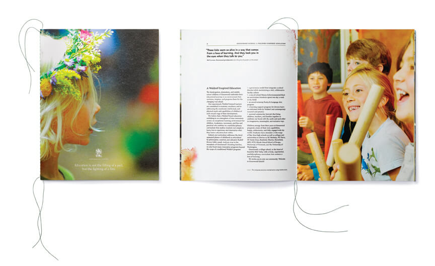 String-bound brochure cover and open interior spread showing children and text