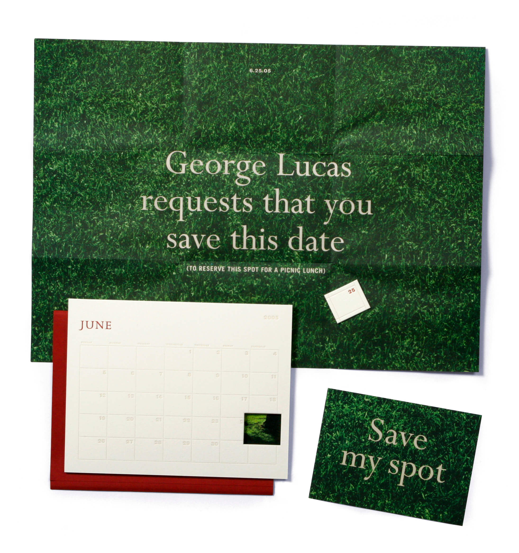 George Lucas green grass invitation with June calendar and red envelope