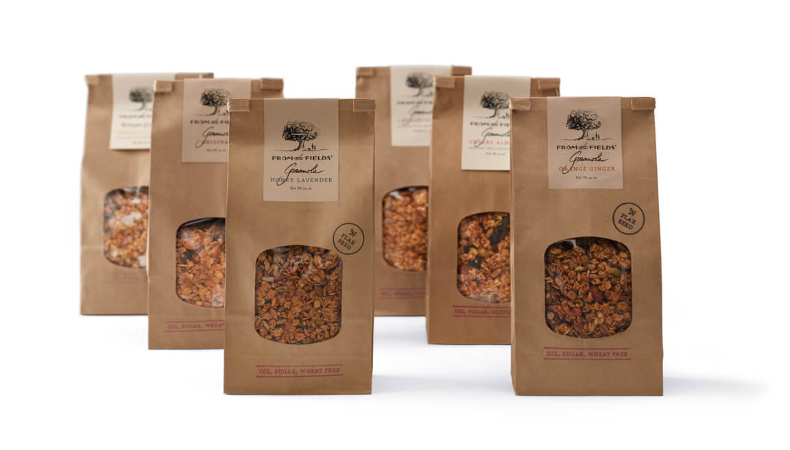 6 brown-kraft bags of From the Fields' granola