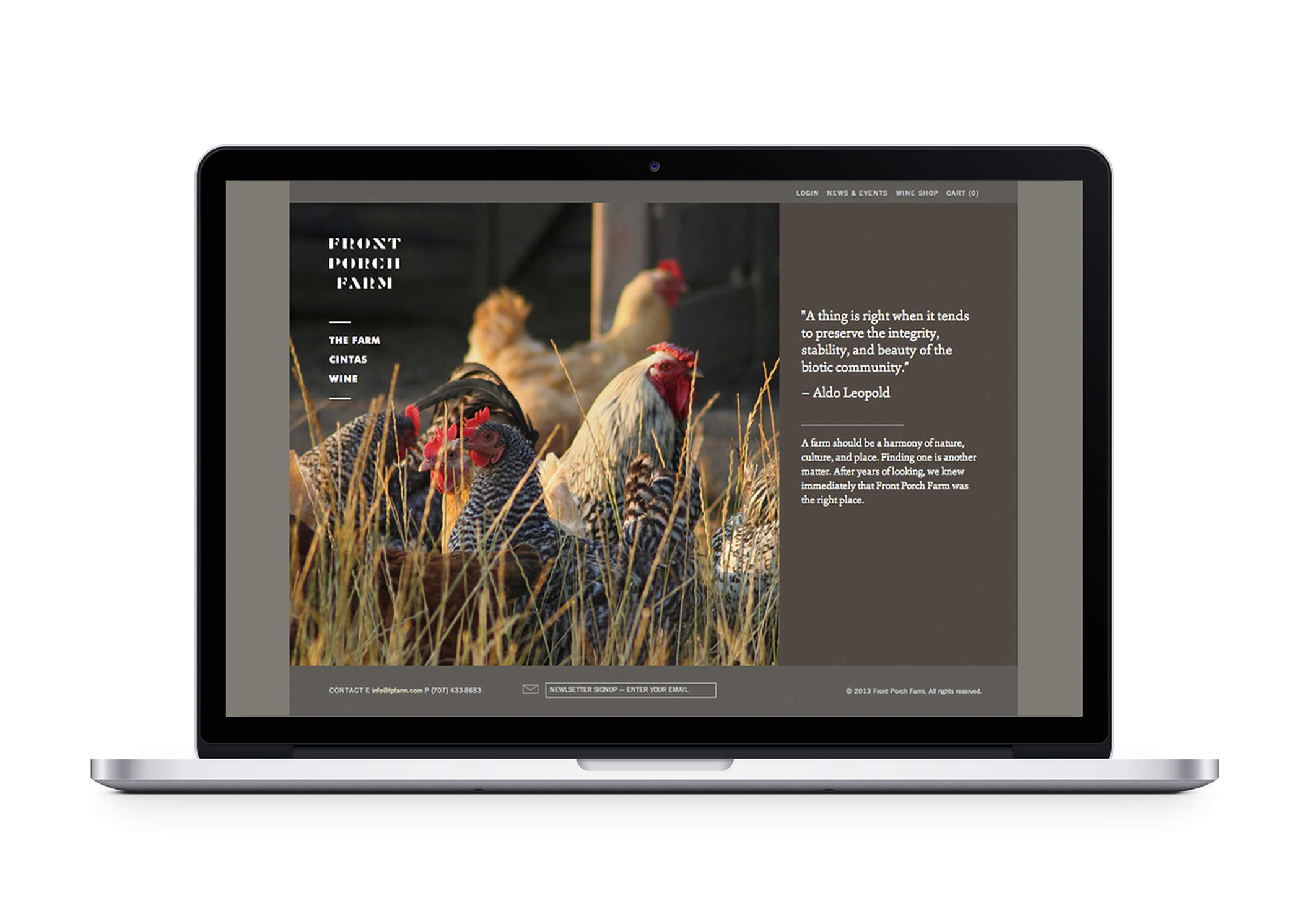 Front Porch Farm webpage on laptop featuring chickens and text