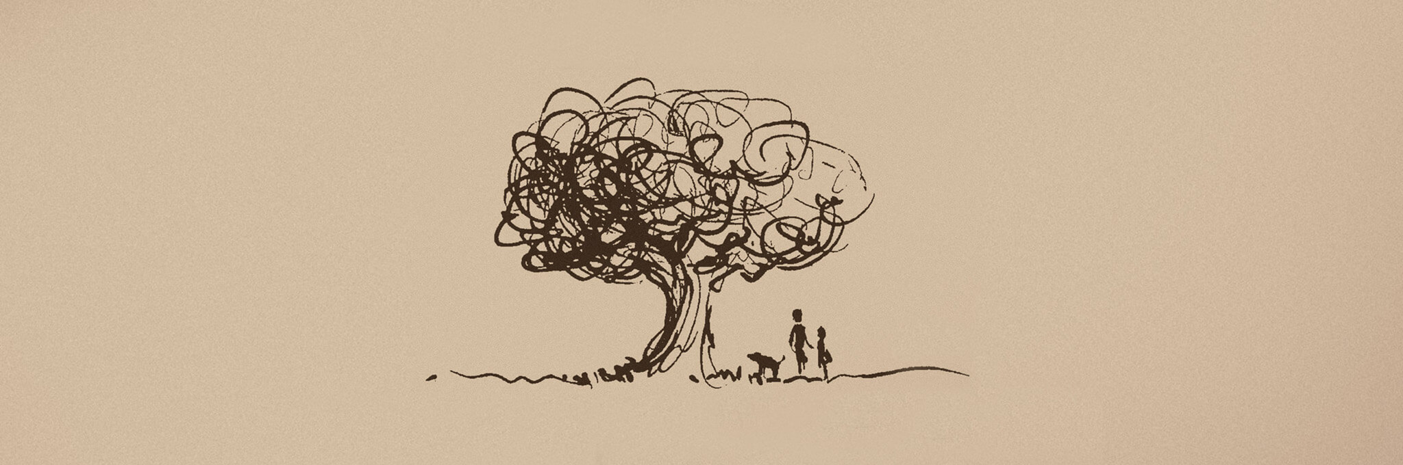 Pen illustration of tree with adult, child, and dog on light brown background