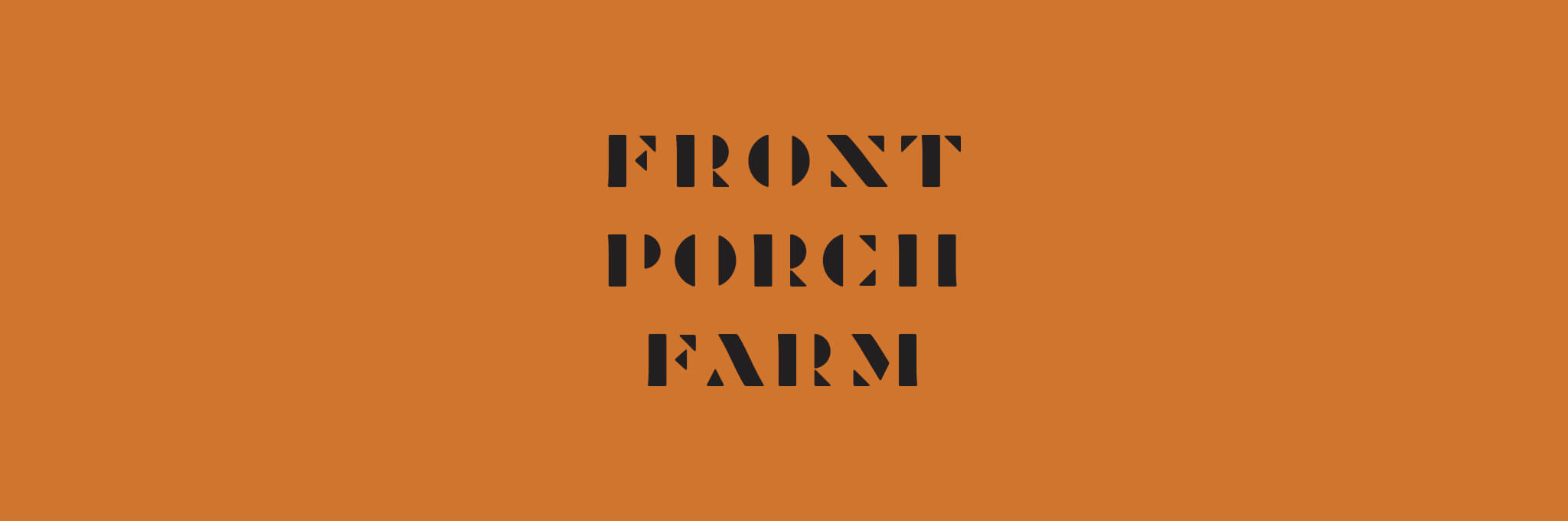 Black, stencil-style Front Port Farm logo on orange background