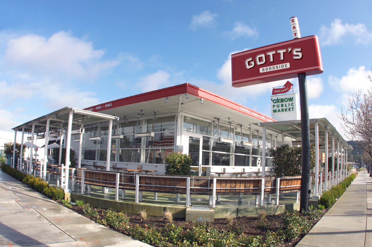 Fisheye photo of Gott's restaurant and signage