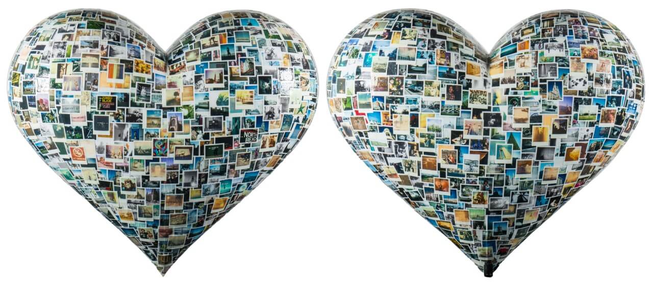 Front and back of polaroid-covered heart sculpture