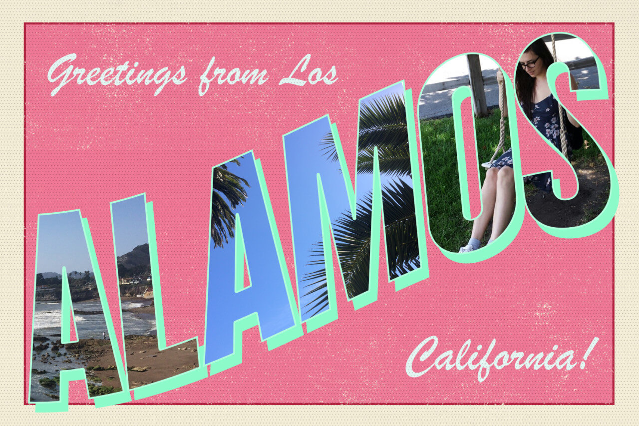 Greetings from Los Alamos California coral pink postcard