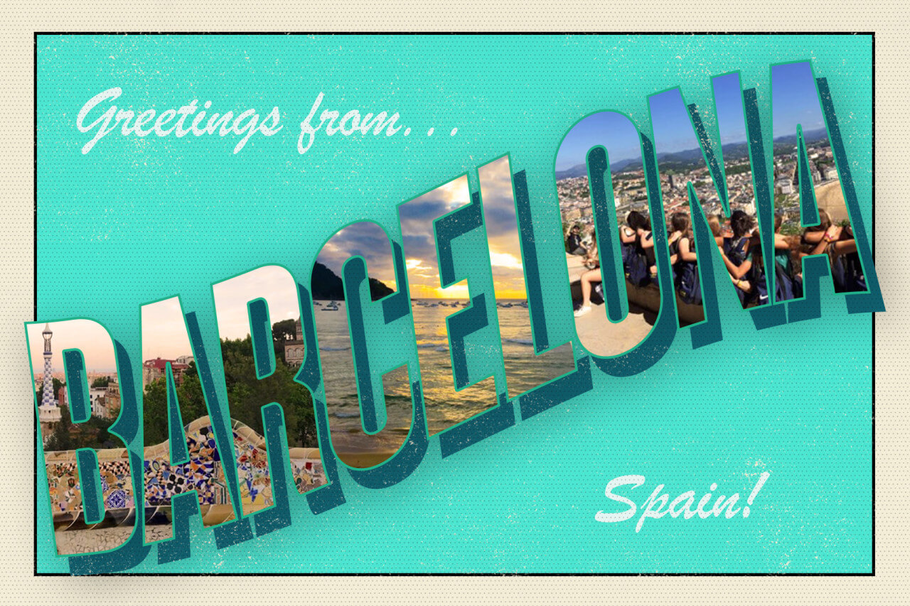 Greetings from Barcelona Spain turquoise postcard