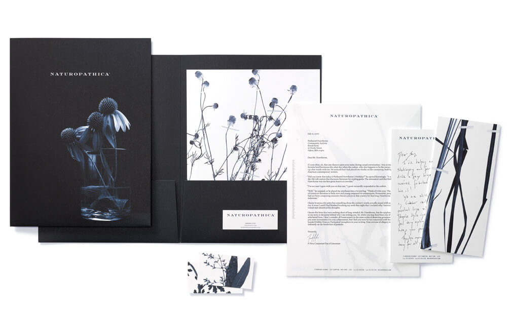 Dark blue and white plant-themed folders, letterhead, notecards, business cards