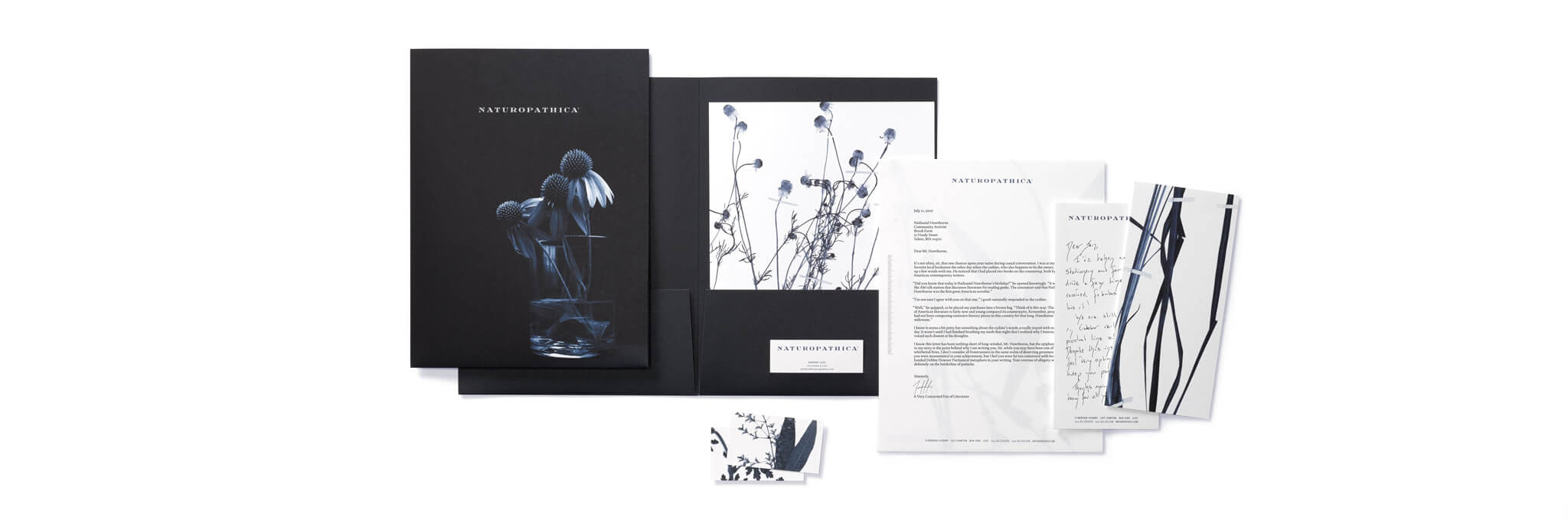 Dark blue and white plant-themed folders, letterhead, notecards, business cards