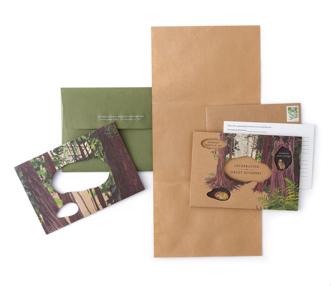 Forest-themed diecut cardboard invitation with olive-green envelope