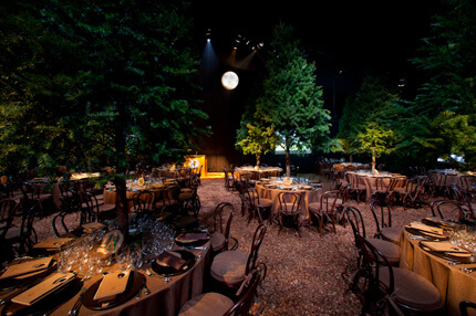 Outdoor dinner tables with pine tree center pieces and moon