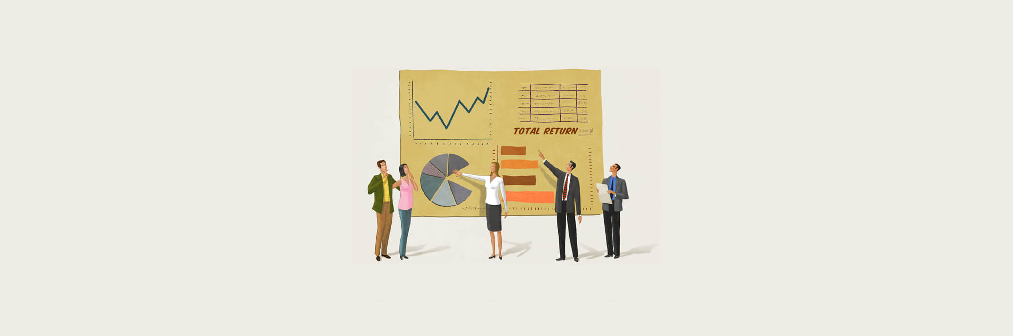 Illustration of 5 people looking/pointing at a yellow wall of charts and graphs
