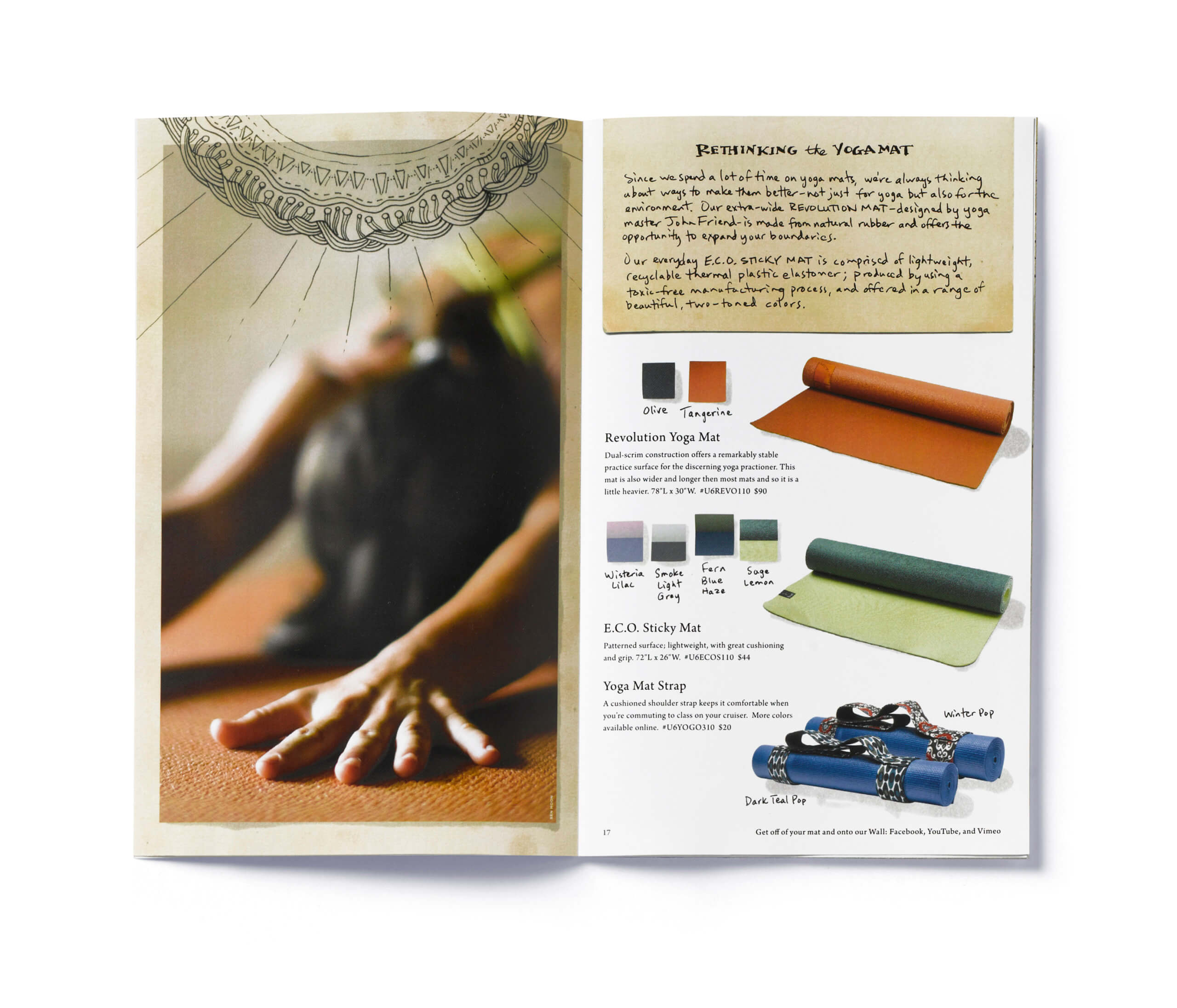 Open catalog showing yoga pose and colorful yoga mats