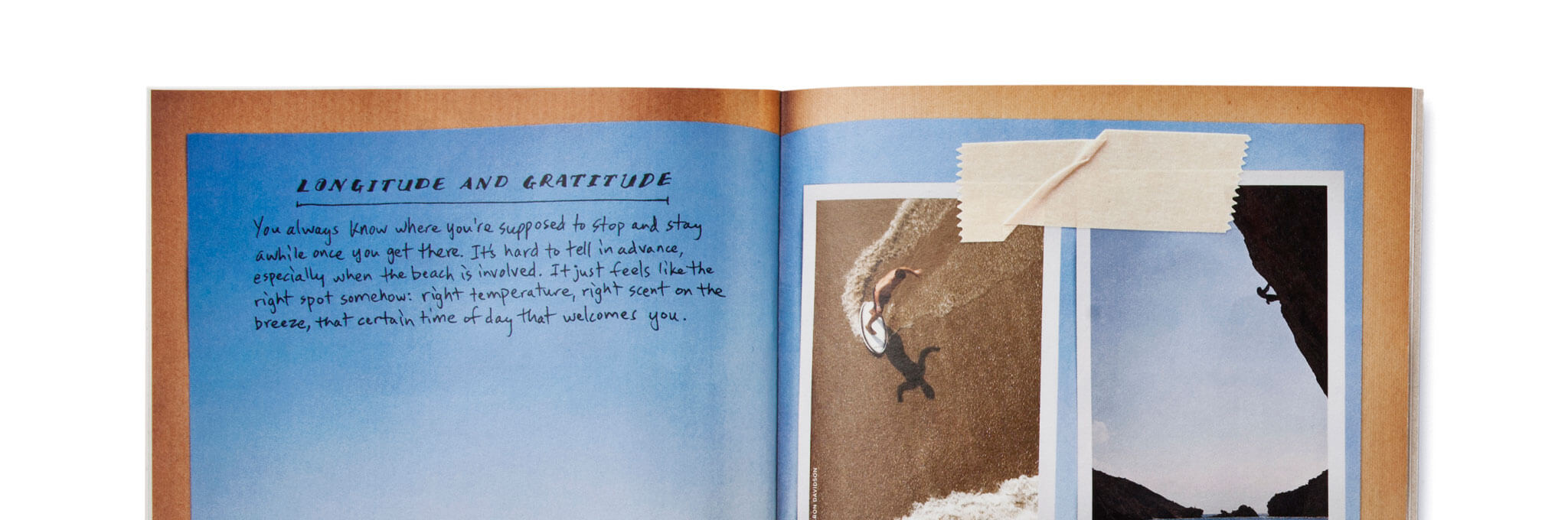 Top half of open catalog showing copy, skimboarding, climbing