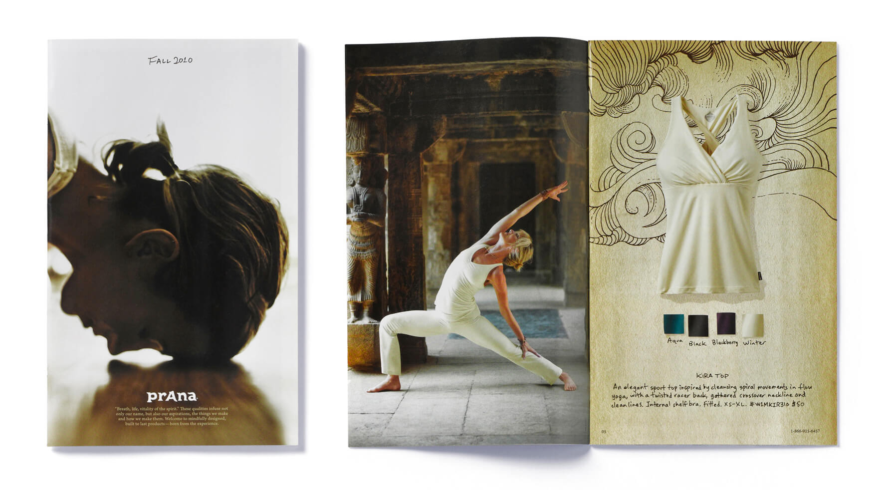 Prana catalog cover and open spread with yogi and white sleeveless top