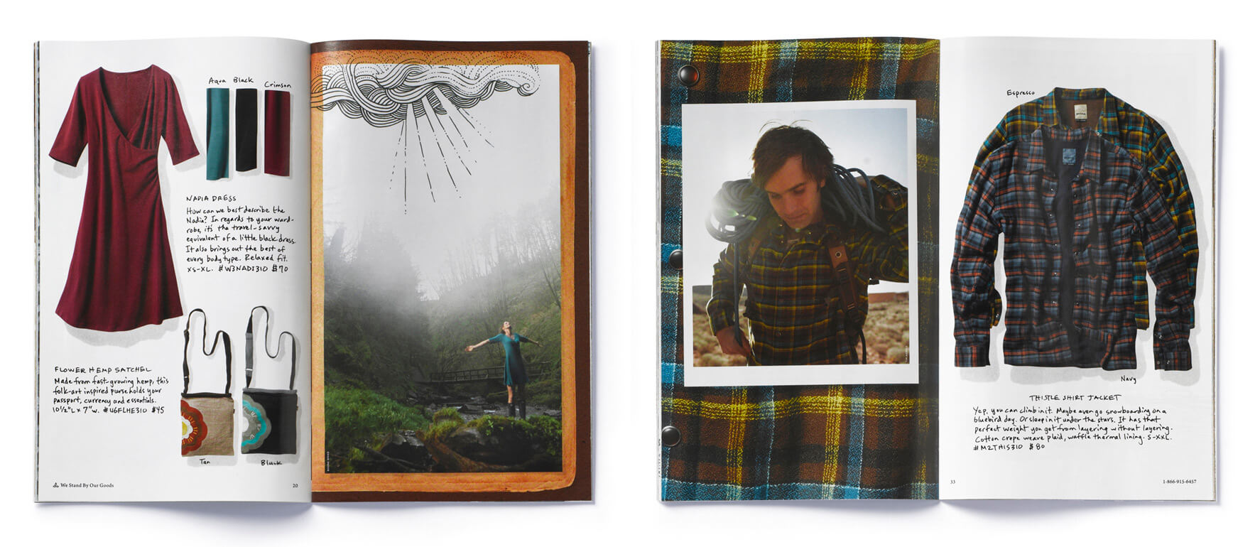 2 open catalogs showing woman in dress and man with plaid shirt