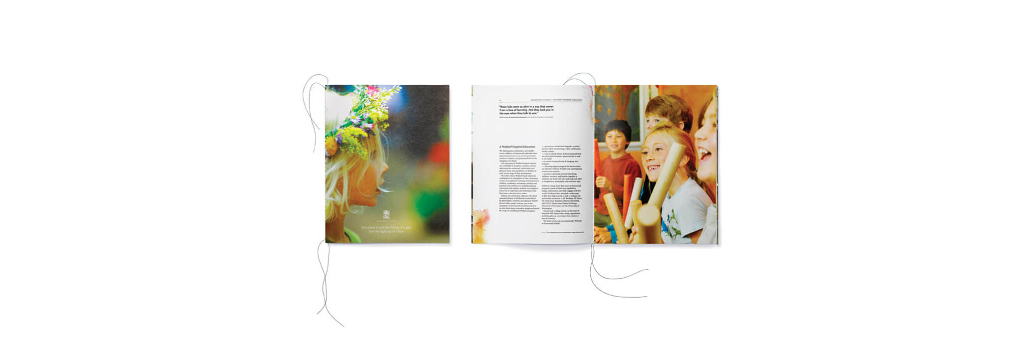 String-bound brochure cover and open interior spread showing children and text