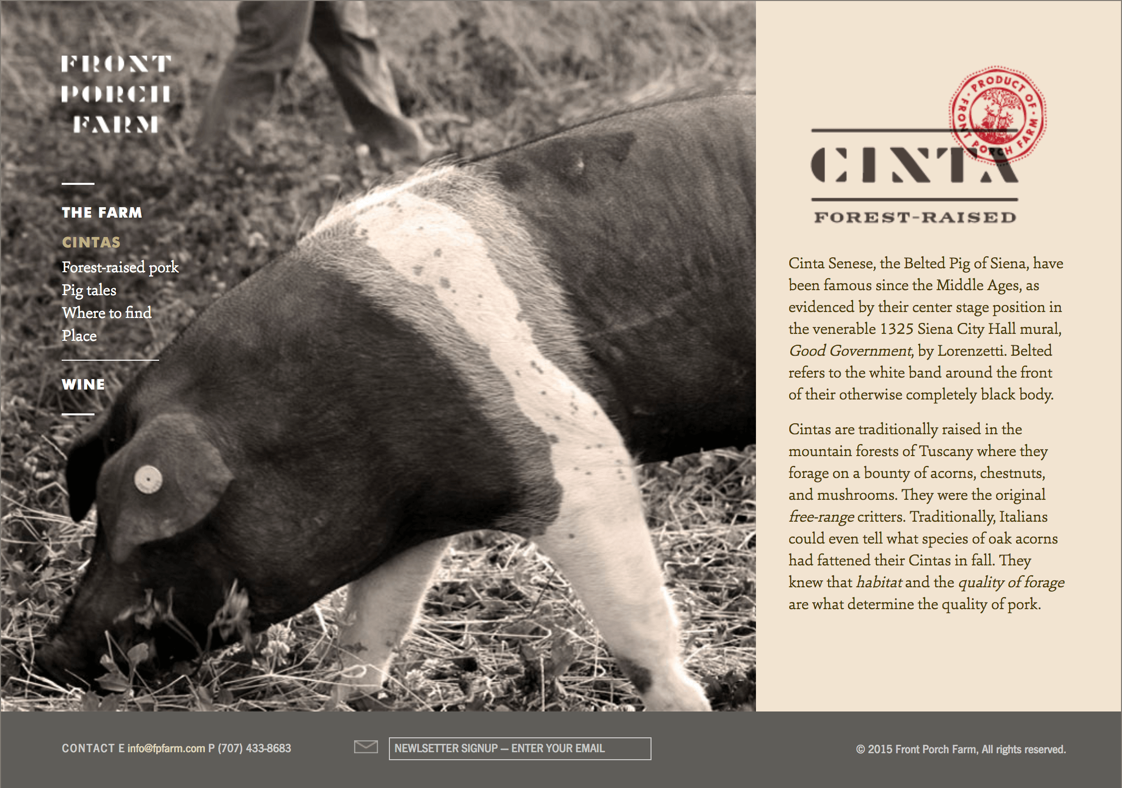 Front Porch Farm webpage featuring Cinta pig and text