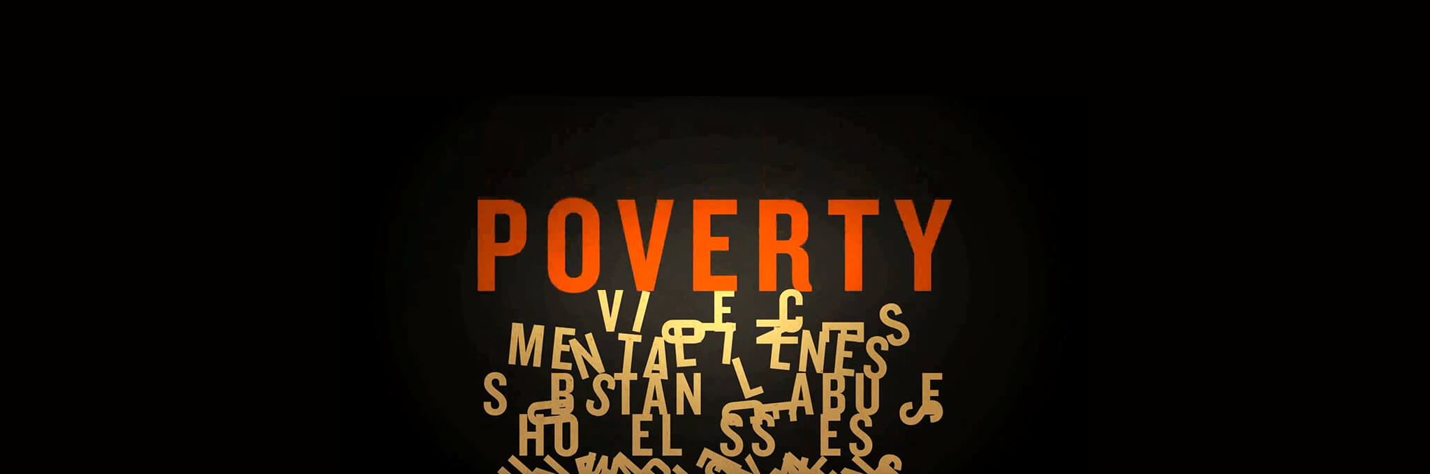 Orange word "Poverty" above scrambled yellow letters on black background