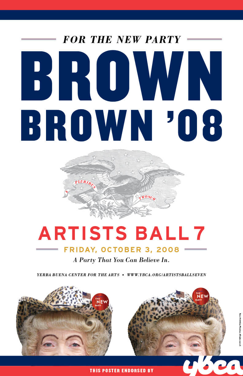 Brown '08 Poster with 2 cheetah-print hat women at the bottom