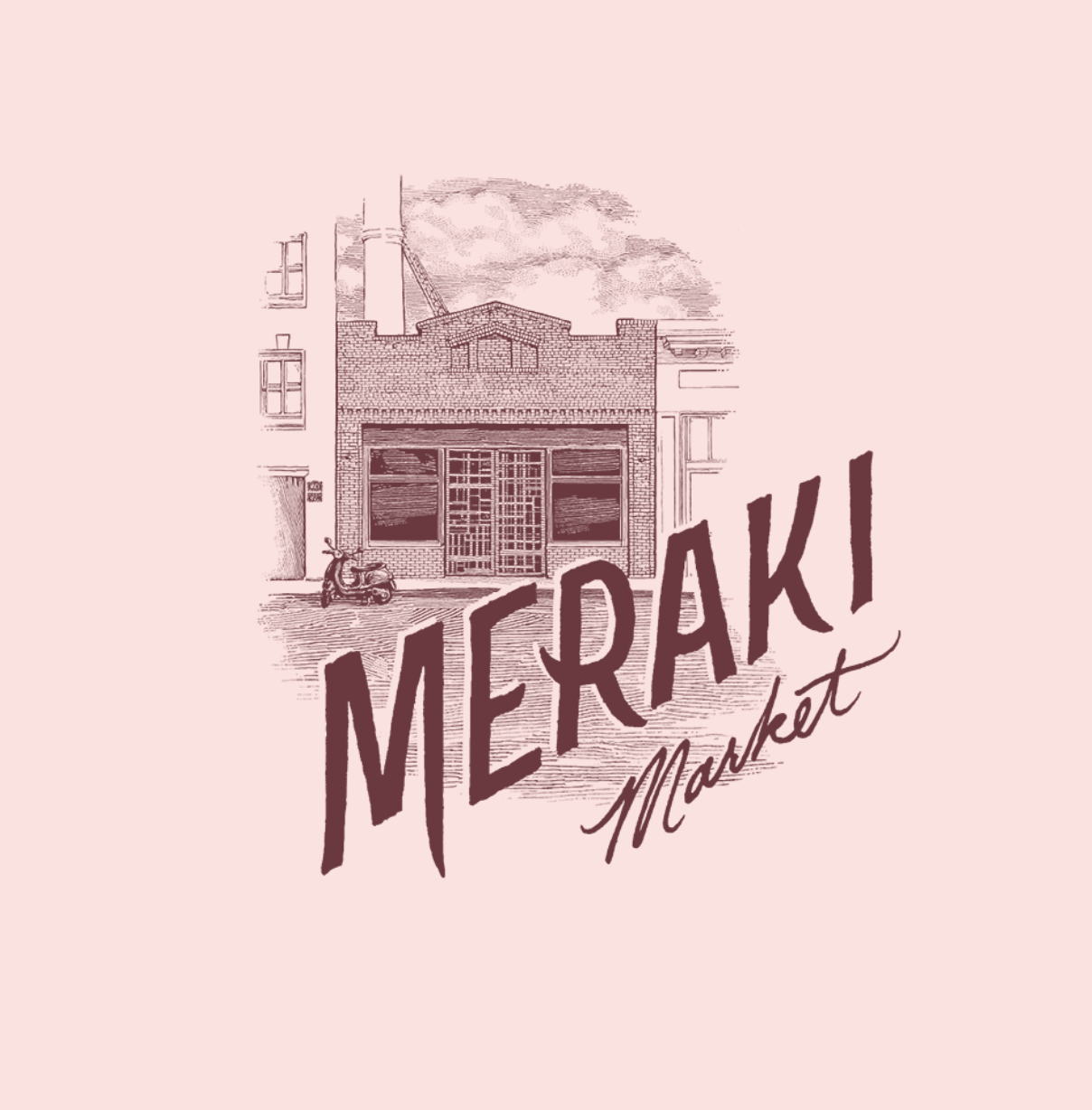 Maroon Meraki Market brick storefront with vespa logo on pink background