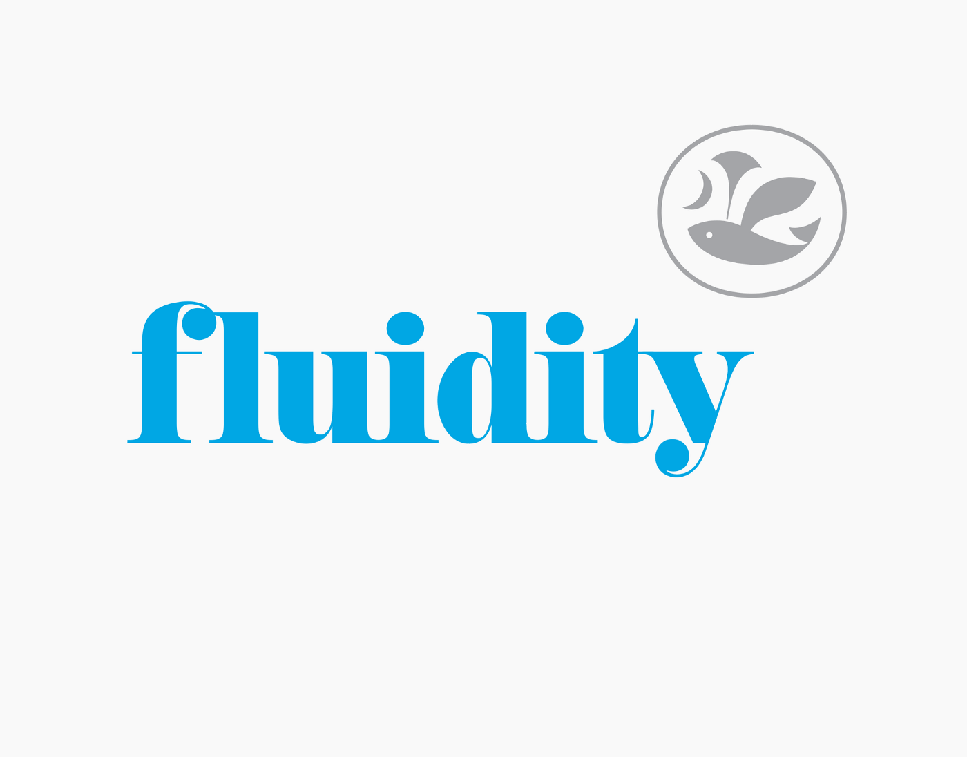 Blue Fluidity logotype with gray, winged-dolphin logo mark