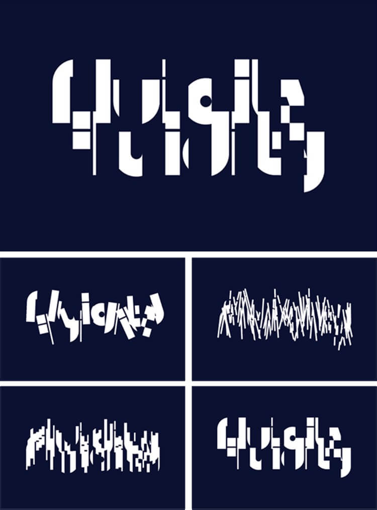 Abstract stills of Fluidity animations on navy backgrounds