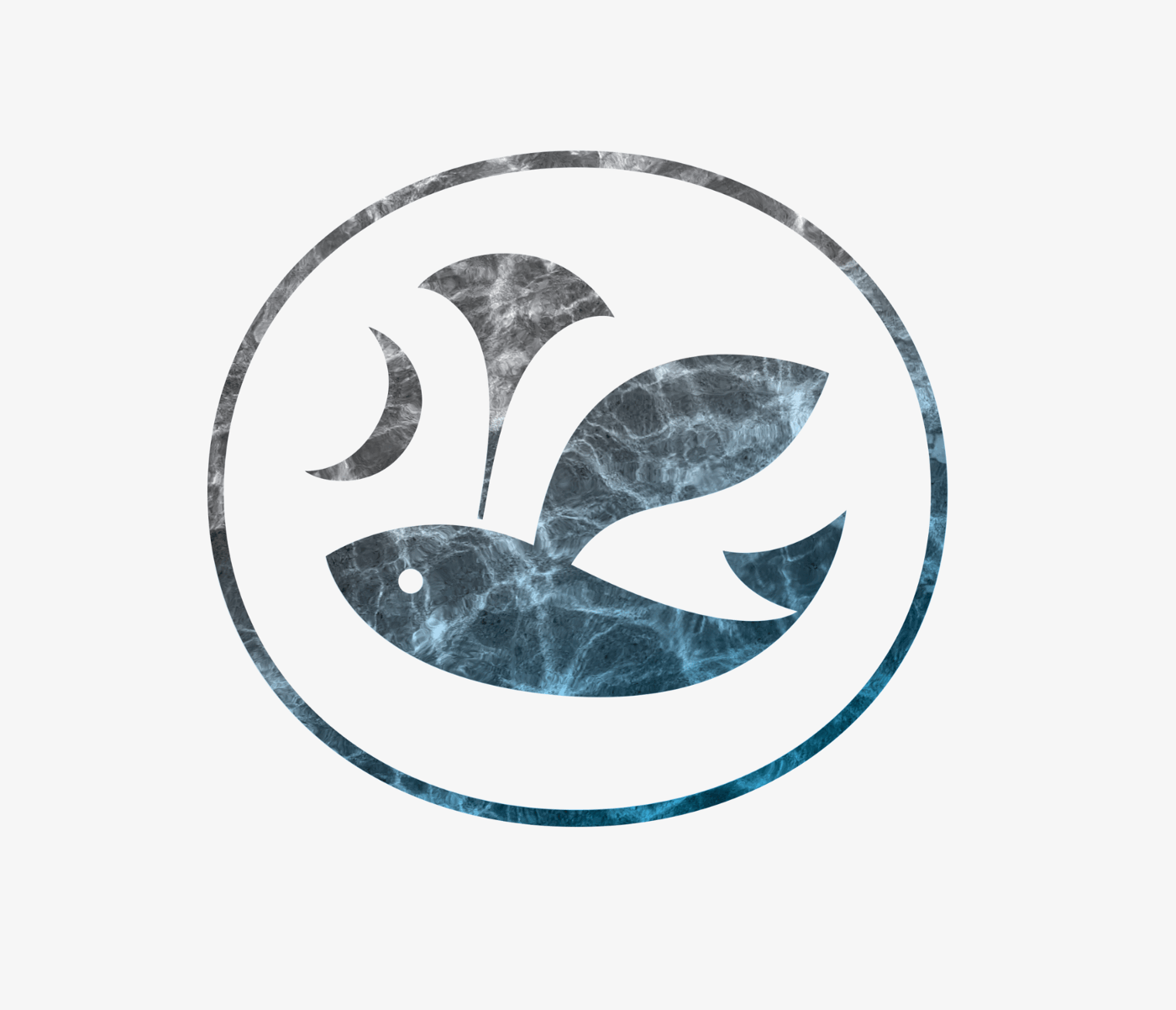 Blue-gray water texture winged-dolphin logo mark in circle