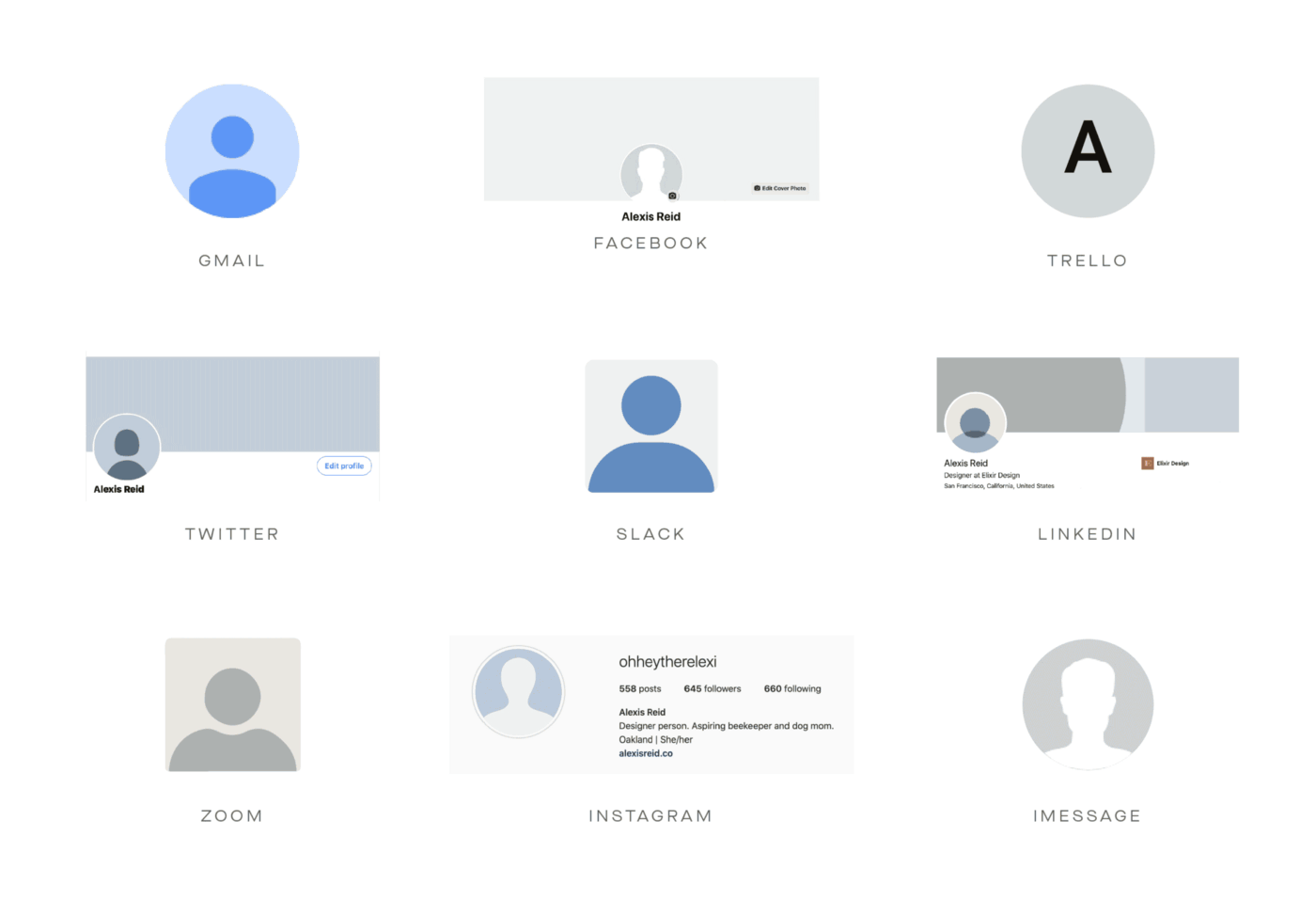 Grid of images showing the different anonymous setups of various social platforms—none very exciting.
