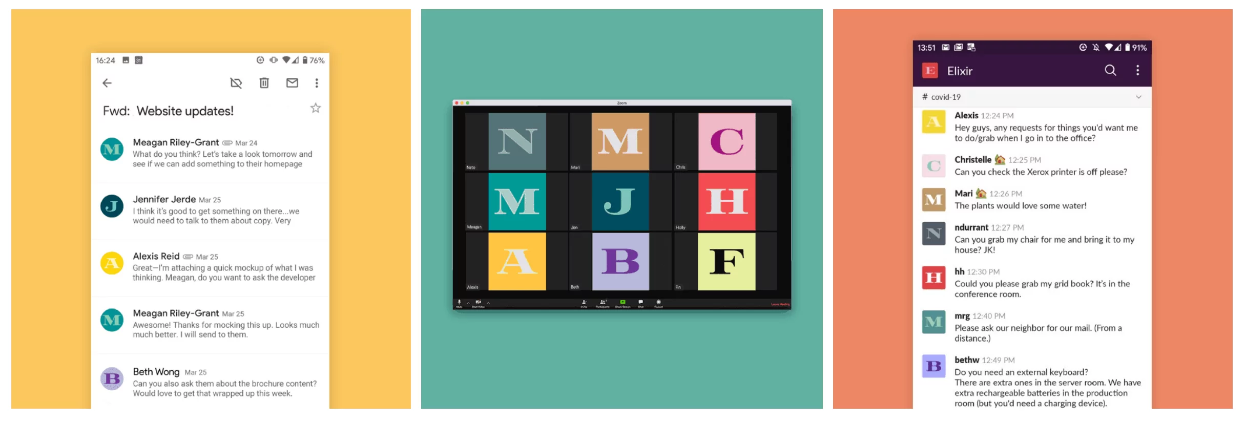 Row of three images showing how the elixir team's Typify icons show up on Gmail, Zoom, and Slack